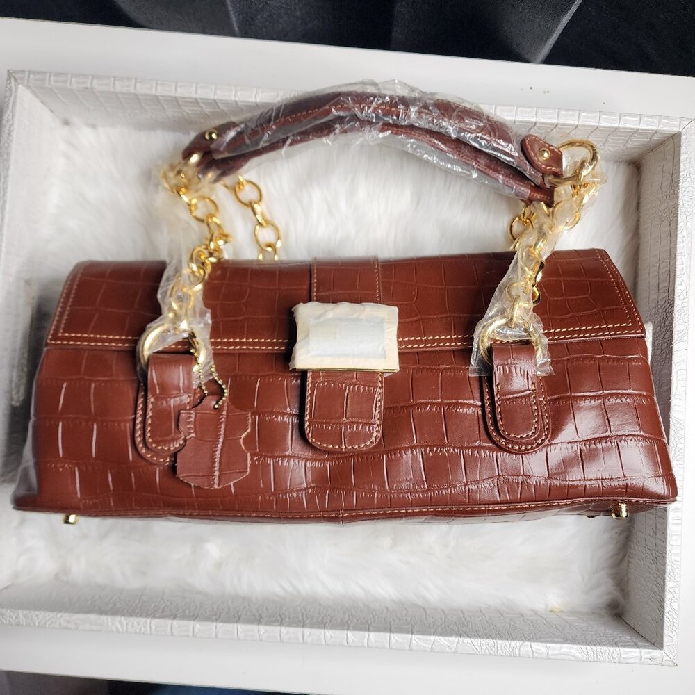 Vintage The Find brown Croc Embossed Leather Barrel bag